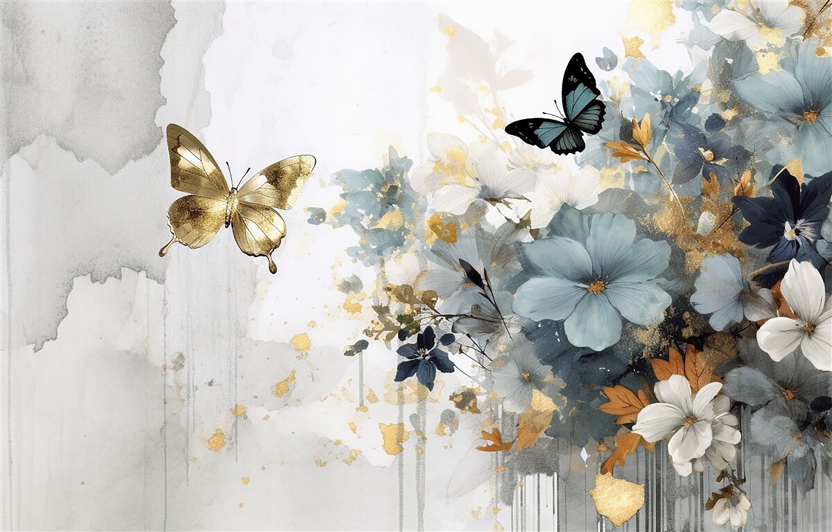 Fototapet muguri dezvoltați luxuriant și fluturi iridescenți