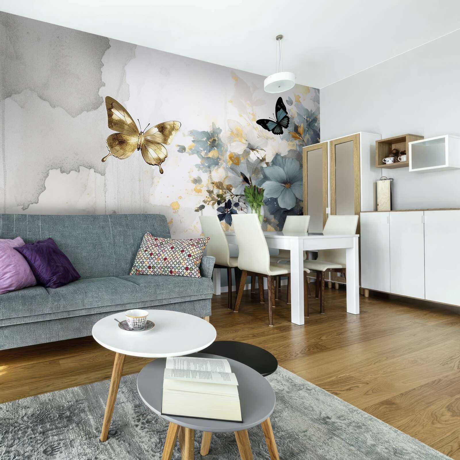 Fototapet muguri dezvoltați luxuriant și fluturi iridescenți