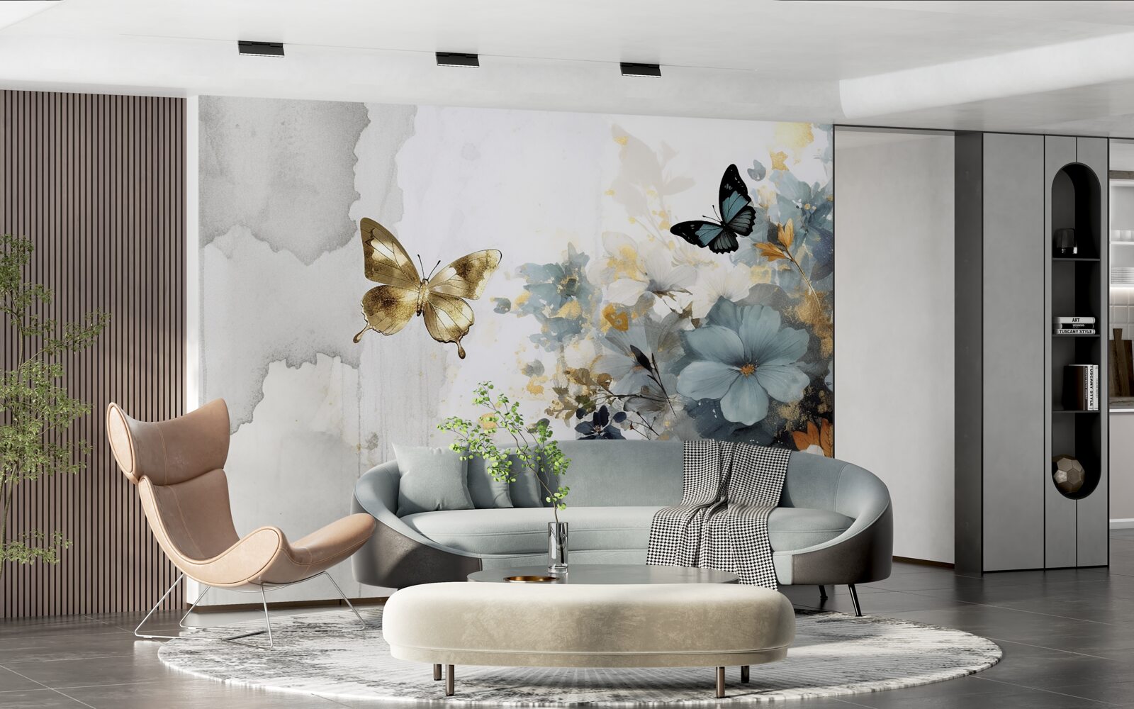 Fototapet muguri dezvoltați luxuriant și fluturi iridescenți