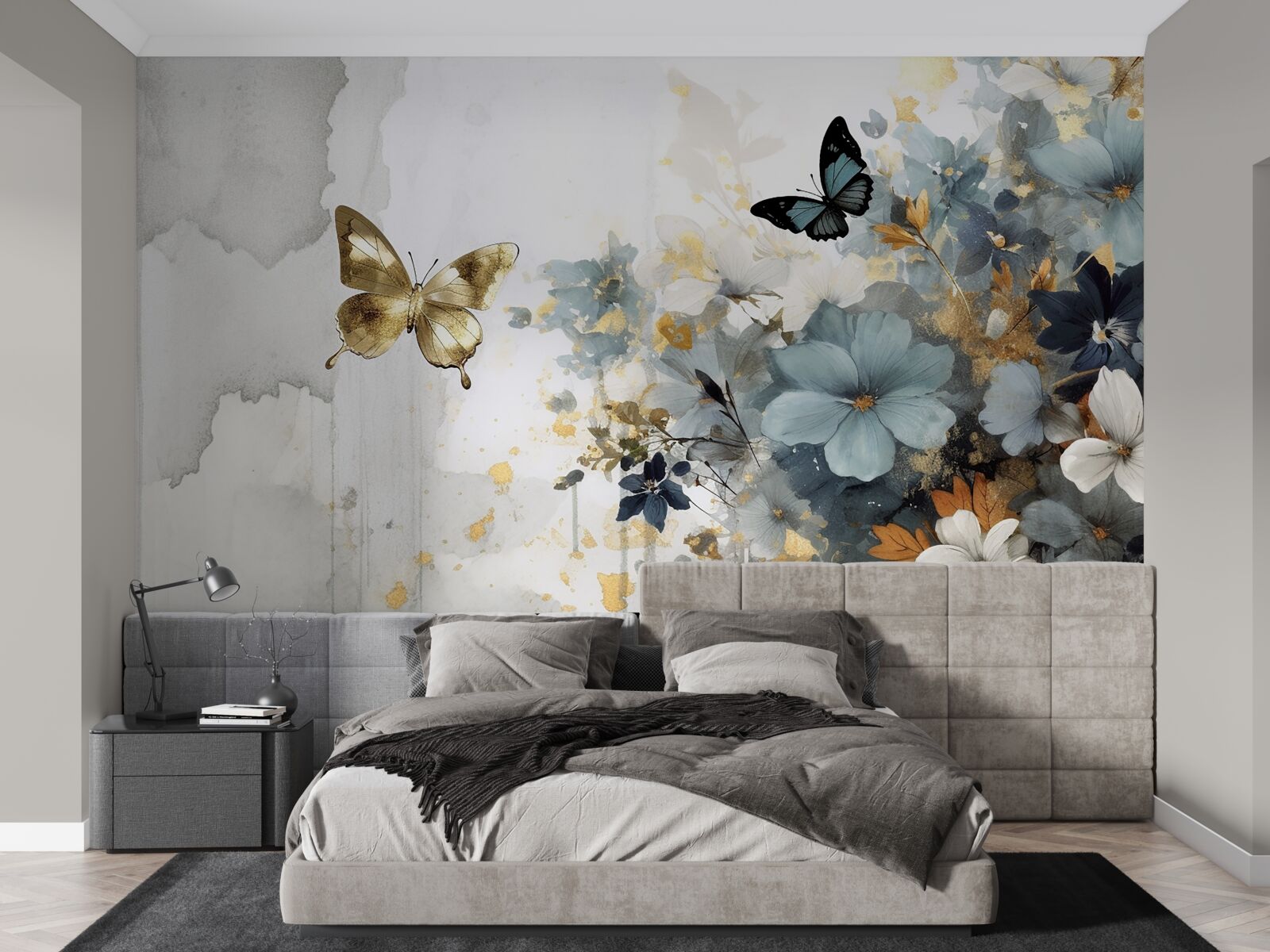 Fototapet muguri dezvoltați luxuriant și fluturi iridescenți