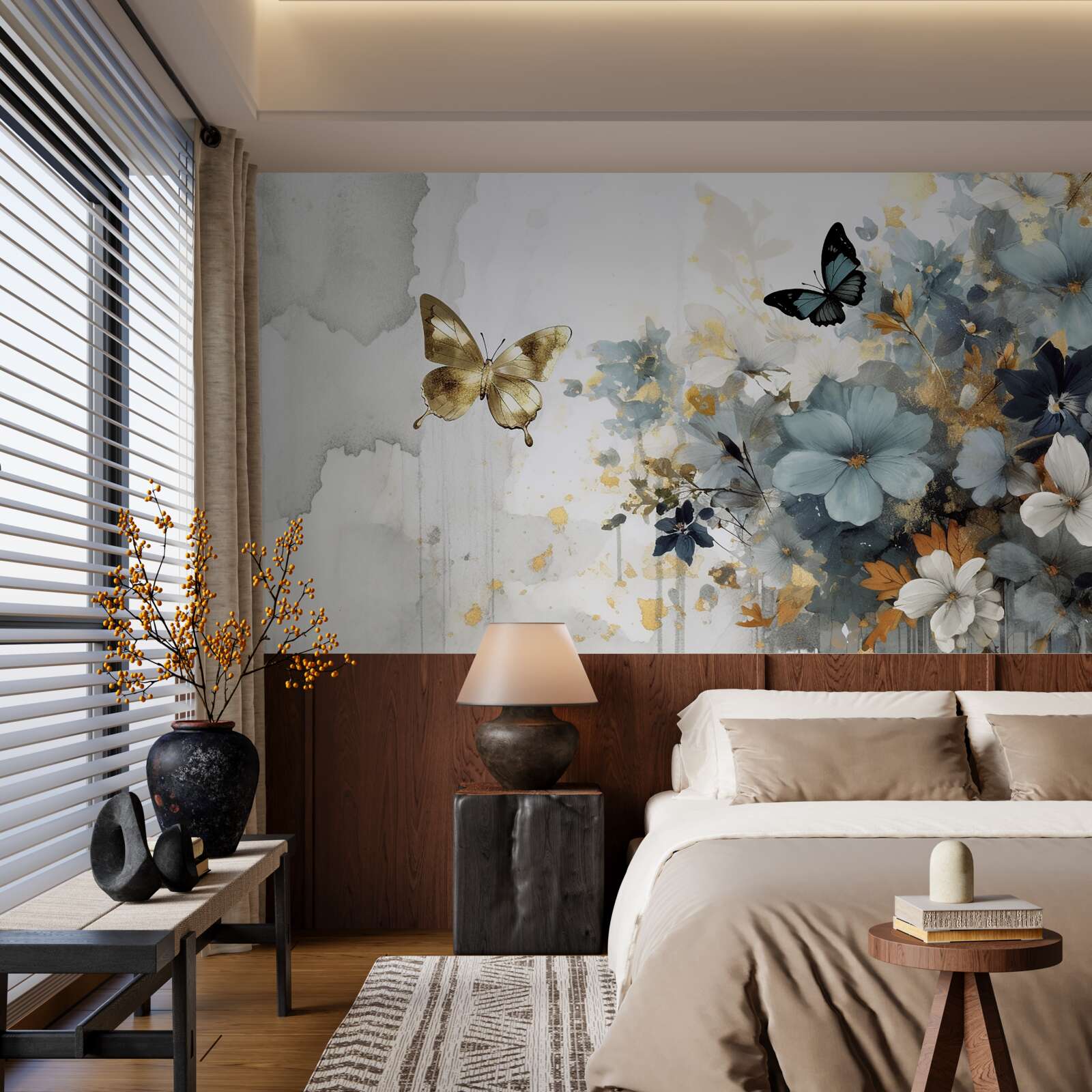 Fototapet muguri dezvoltați luxuriant și fluturi iridescenți