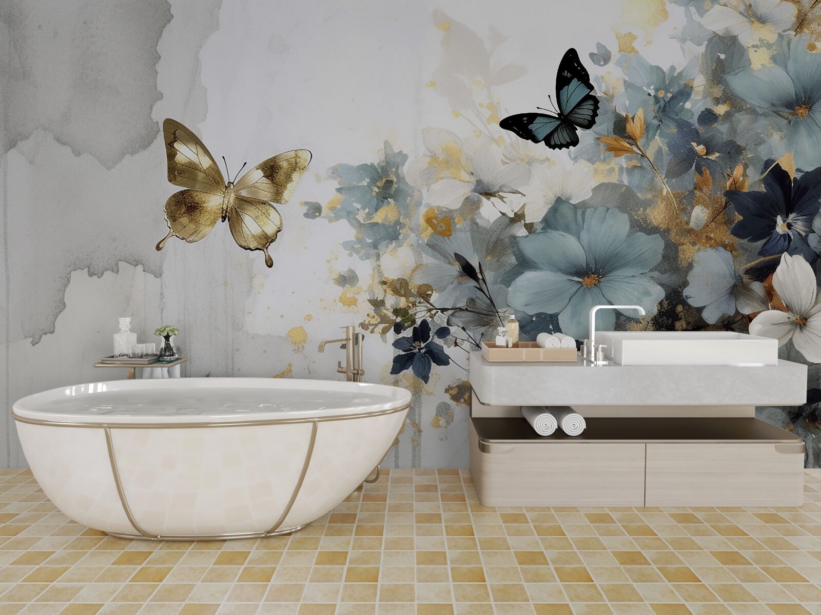 Fototapet muguri dezvoltați luxuriant și fluturi iridescenți