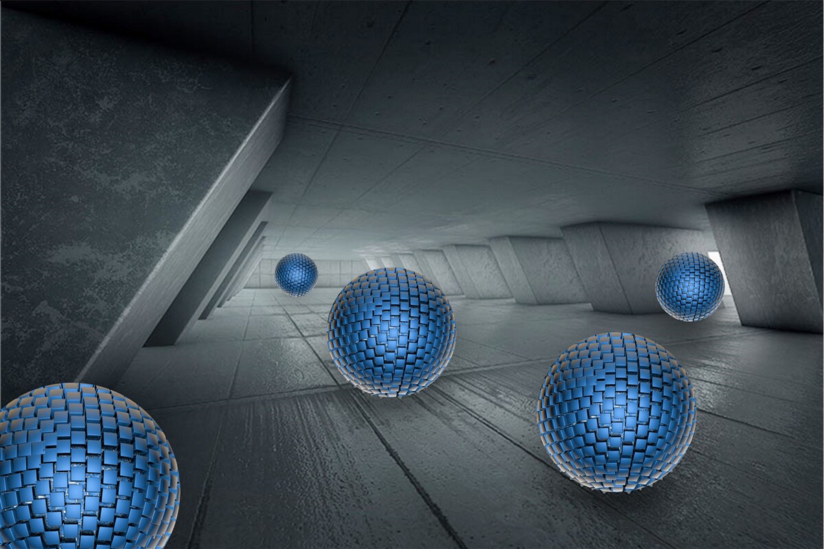 Fototapet pasaj gri fără sfârșit și bile albastre