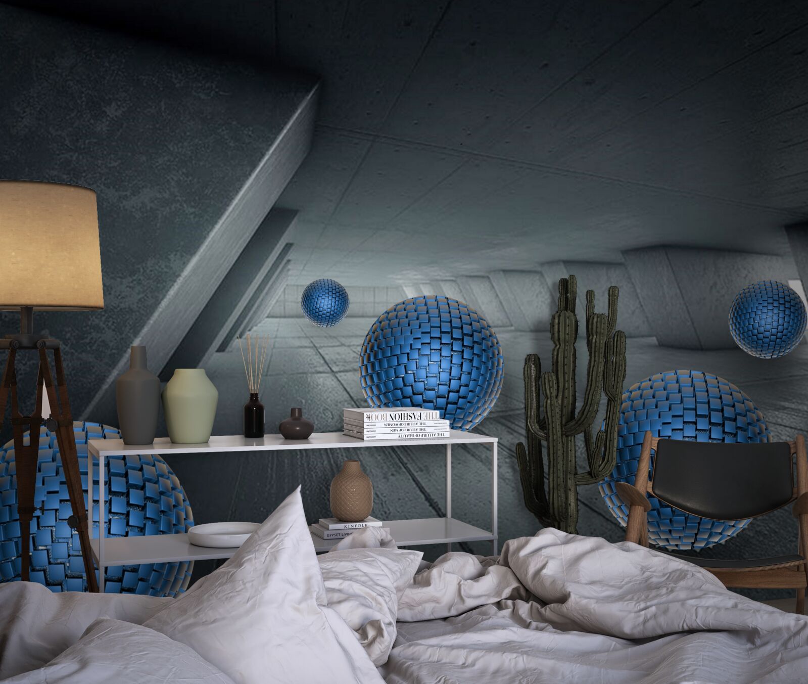 Fototapet pasaj gri fără sfârșit și bile albastre