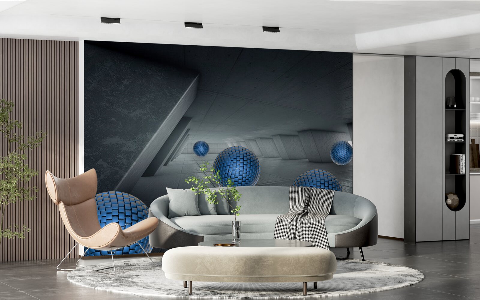 Fototapet pasaj gri fără sfârșit și bile albastre