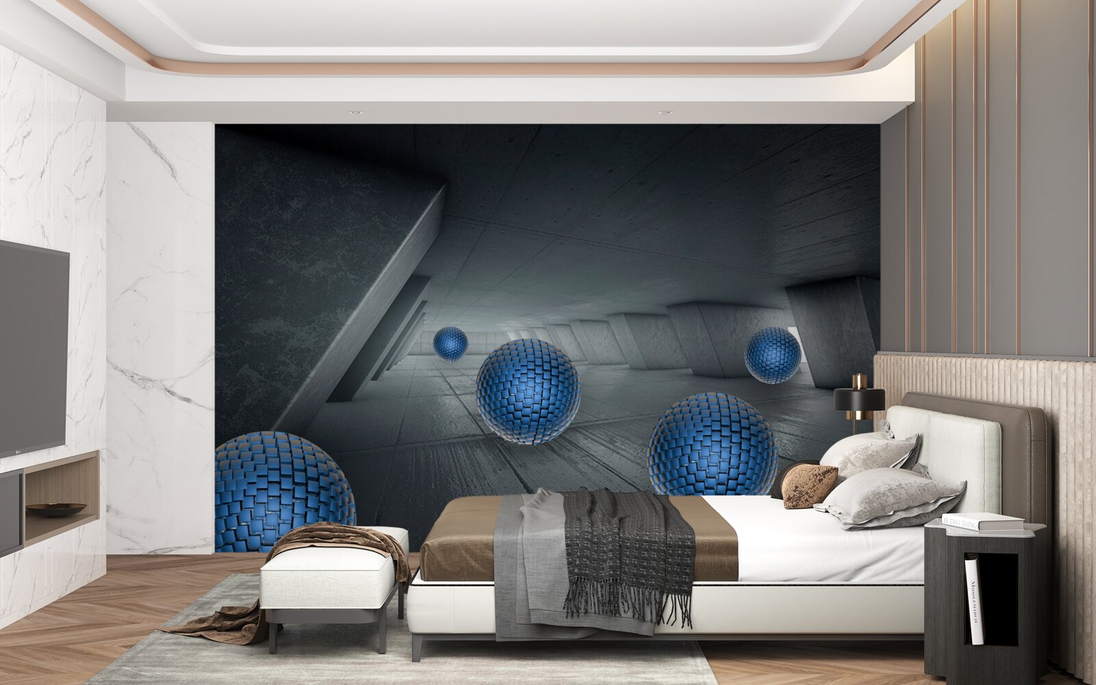 Fototapet pasaj gri fără sfârșit și bile albastre