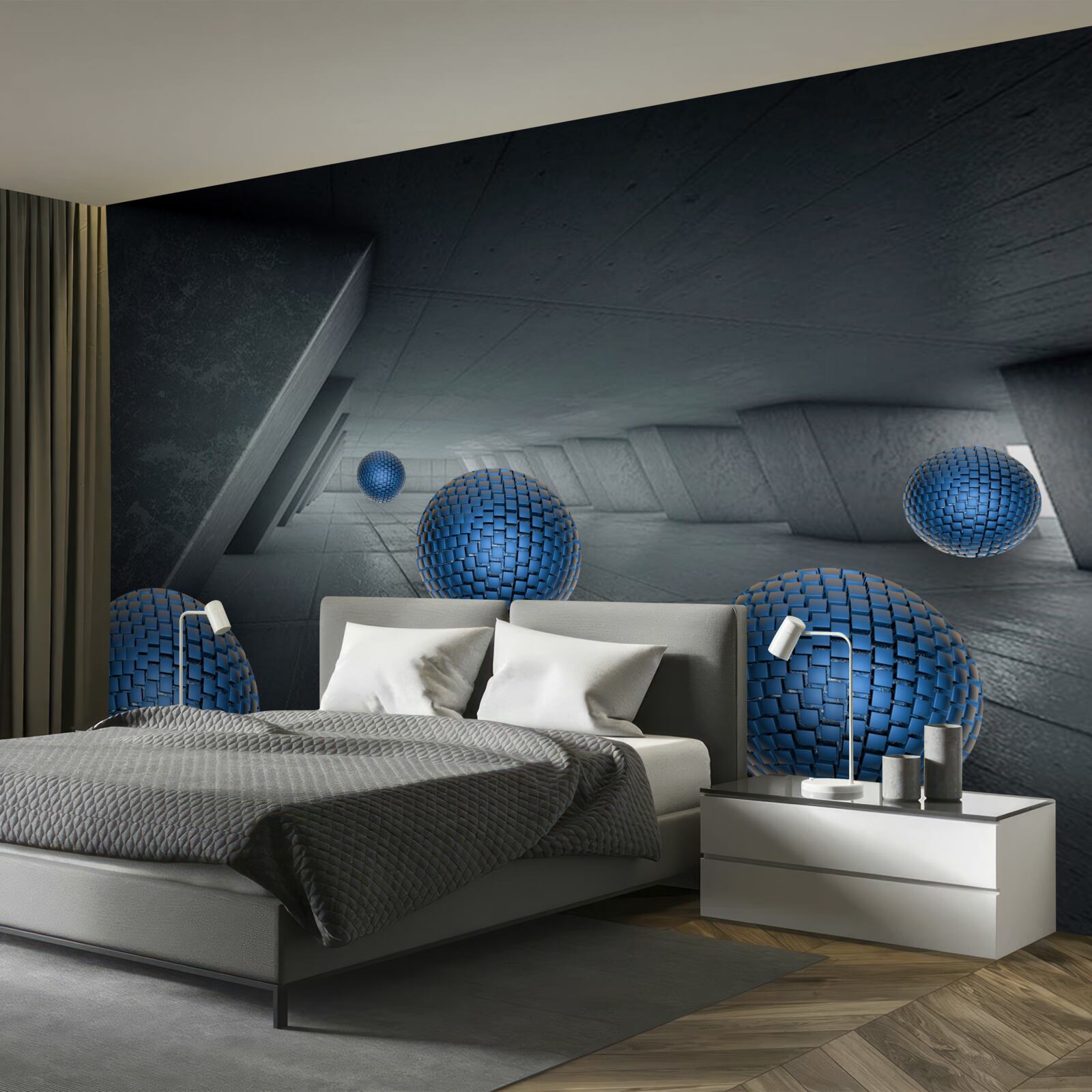 Fototapet pasaj gri fără sfârșit și bile albastre