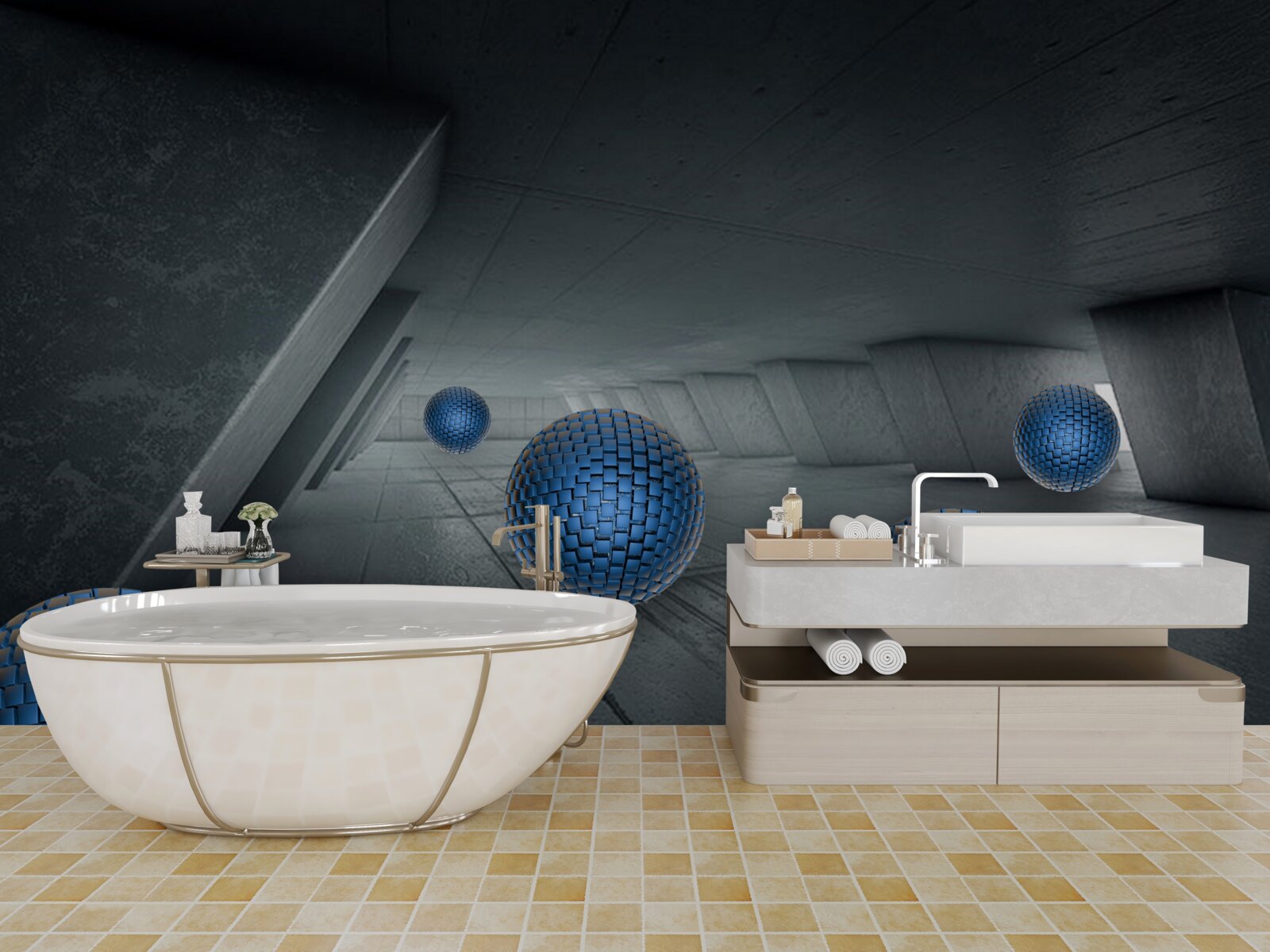 Fototapet pasaj gri fără sfârșit și bile albastre