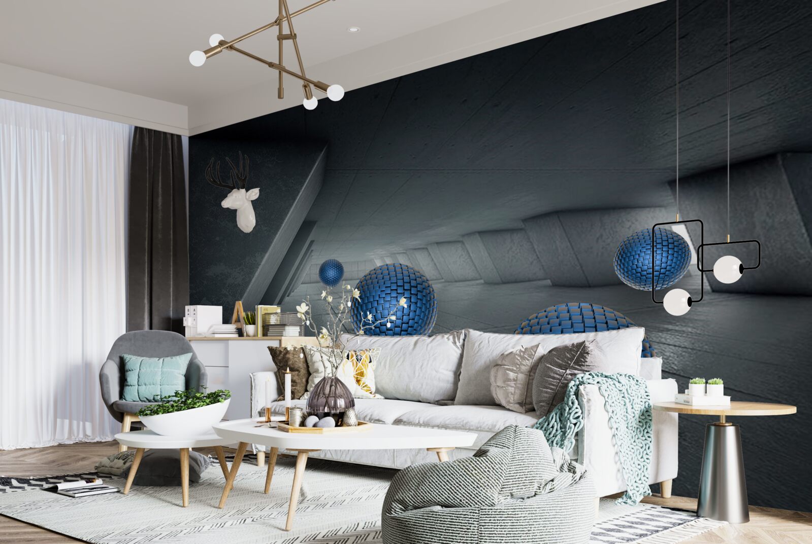 Fototapet pasaj gri fără sfârșit și bile albastre