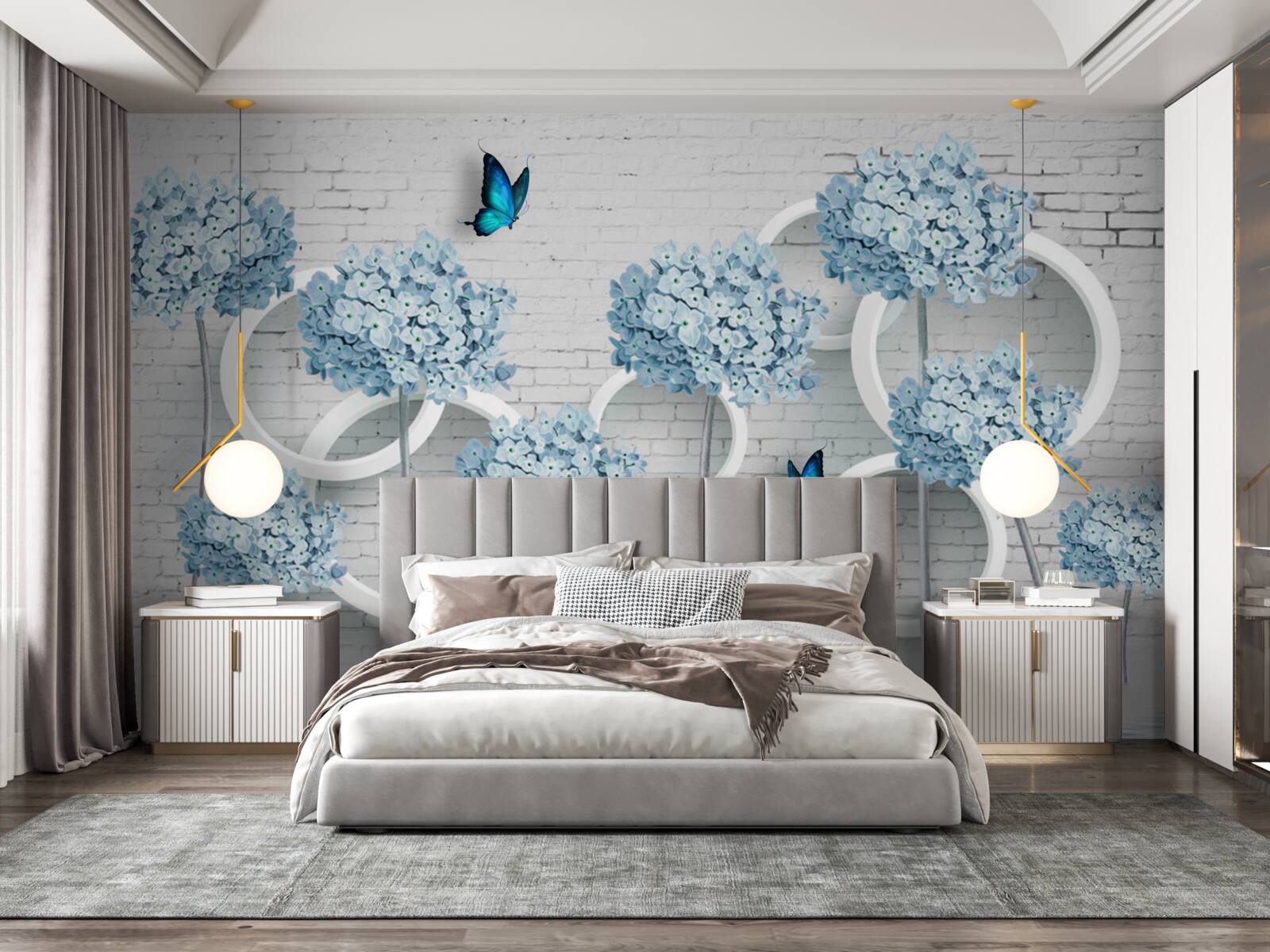 Fototapet ramuri de liliac cu flori albastre pe un fundal ambiguu