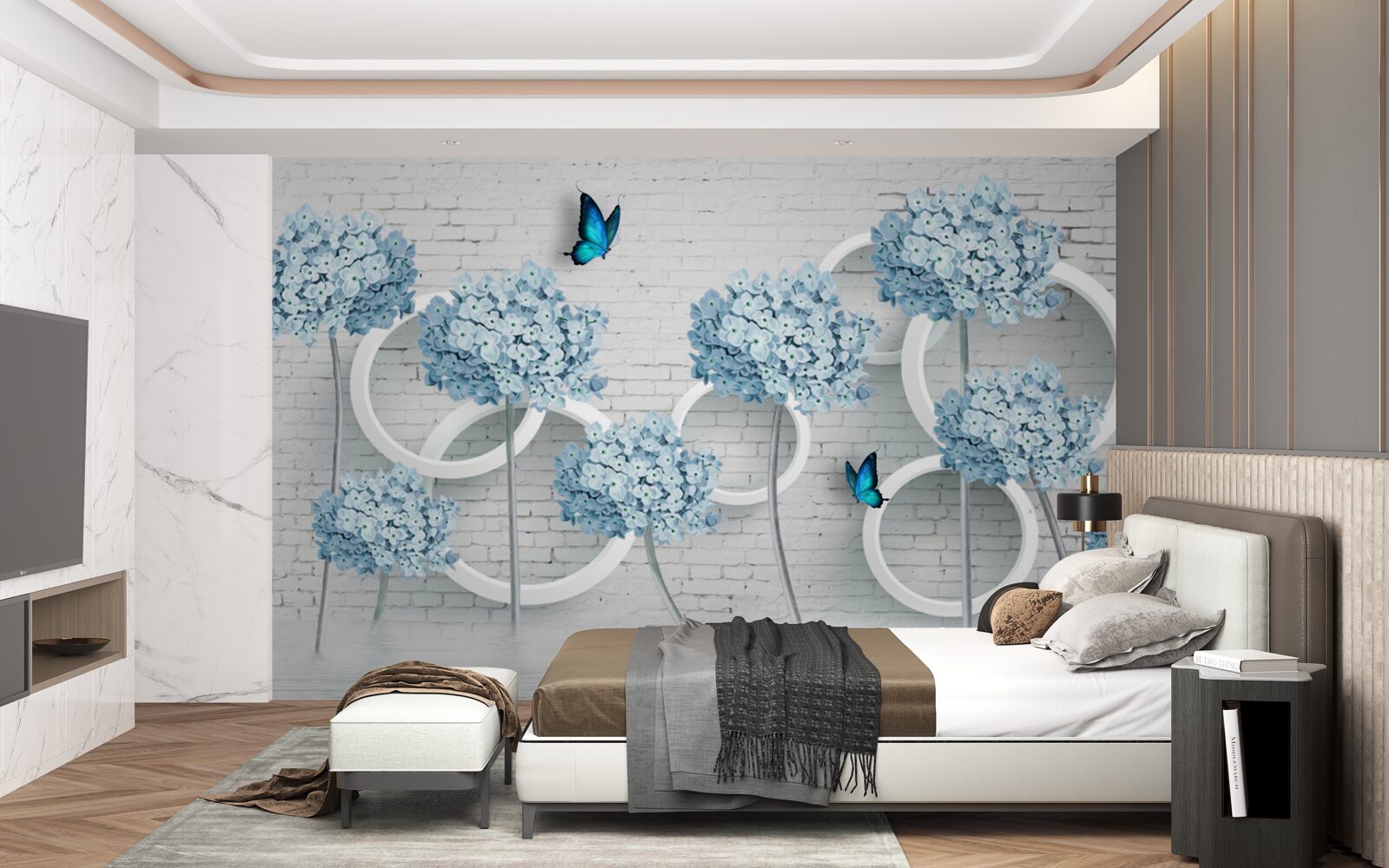 Fototapet ramuri de liliac cu flori albastre pe un fundal ambiguu