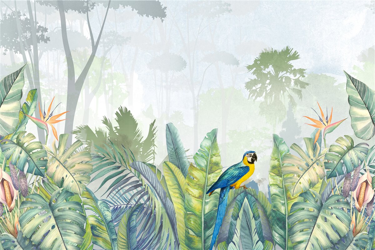 Fototapet un papagal se relaxează pe o frunză de palmier