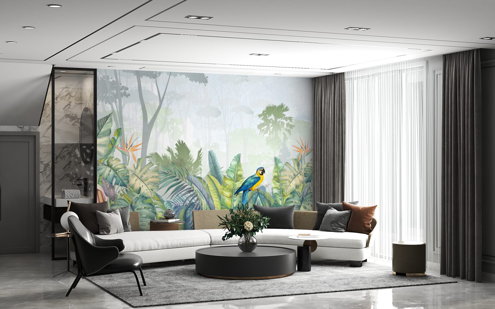 Fototapet un papagal se relaxează pe o frunză de palmier