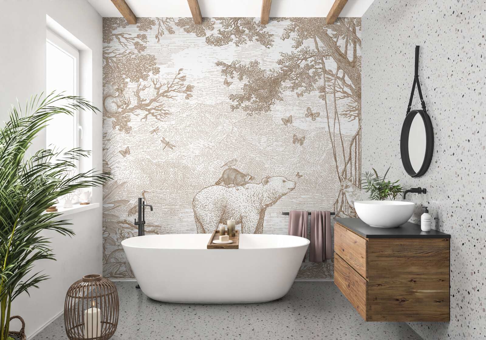 Fototapet un urs se plimbă printr-o pădure înzăpezită