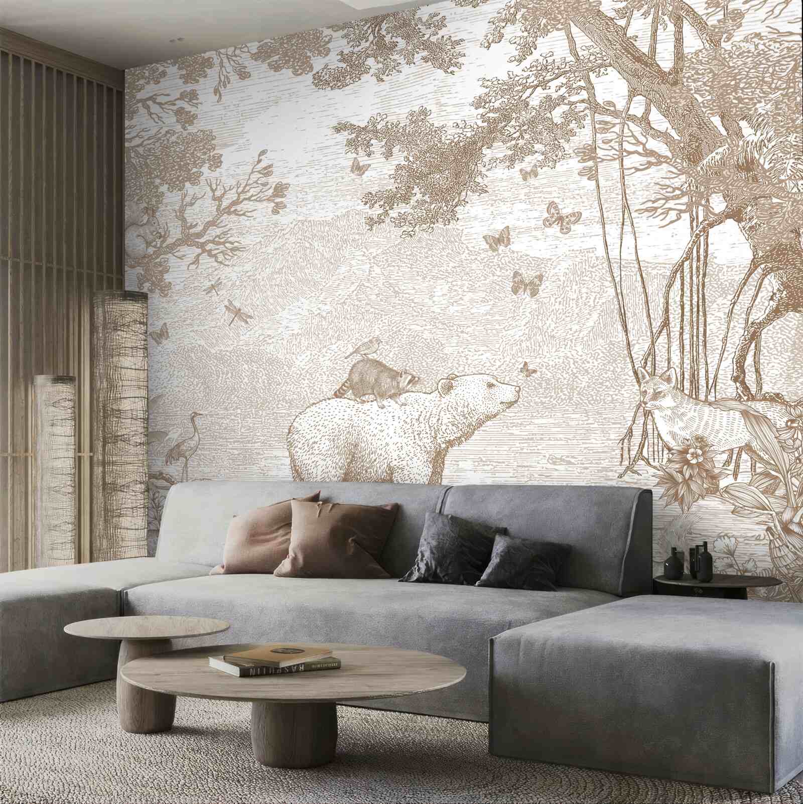 Fototapet un urs se plimbă printr-o pădure înzăpezită