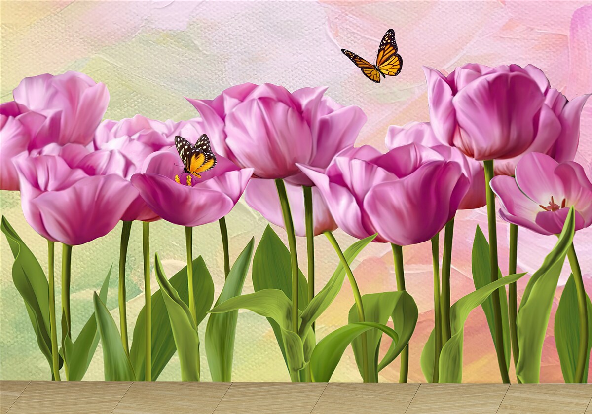 Fototapet fluturi și lalele mov pe câmp