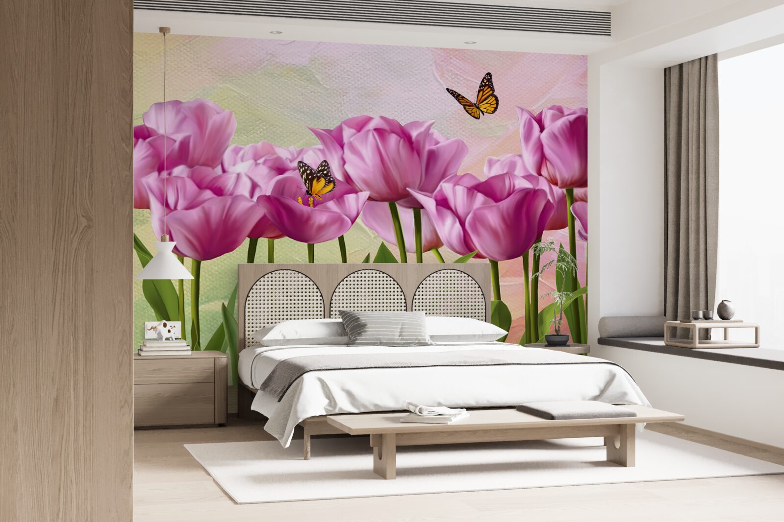 Fototapet fluturi și lalele mov pe câmp