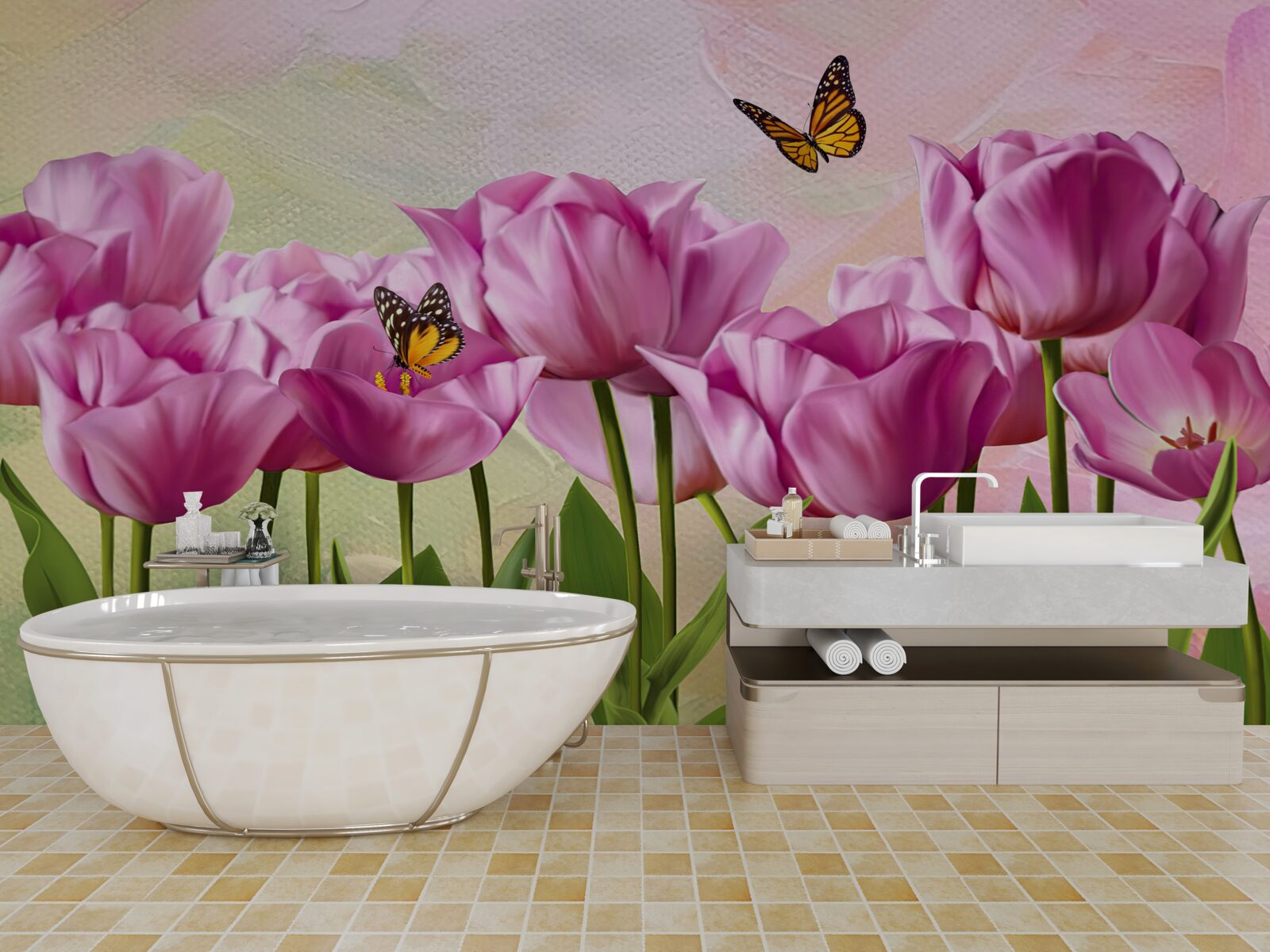 Fototapet fluturi și lalele mov pe câmp