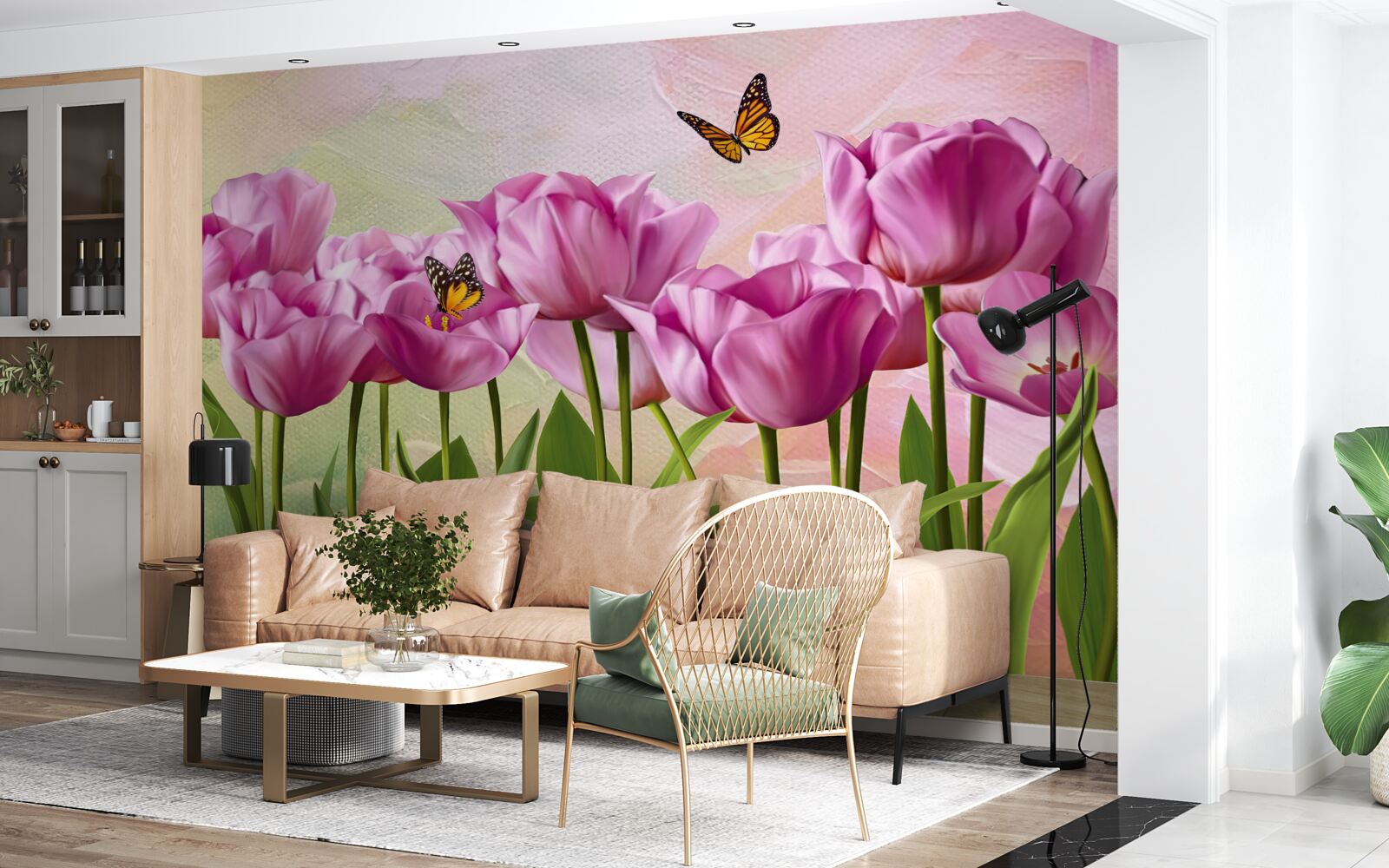 Fototapet fluturi și lalele mov pe câmp