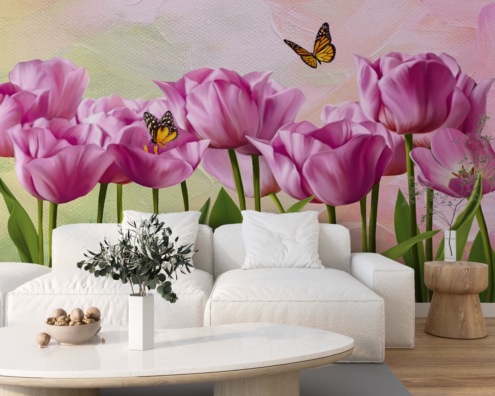 Fototapet fluturi și lalele mov pe câmp