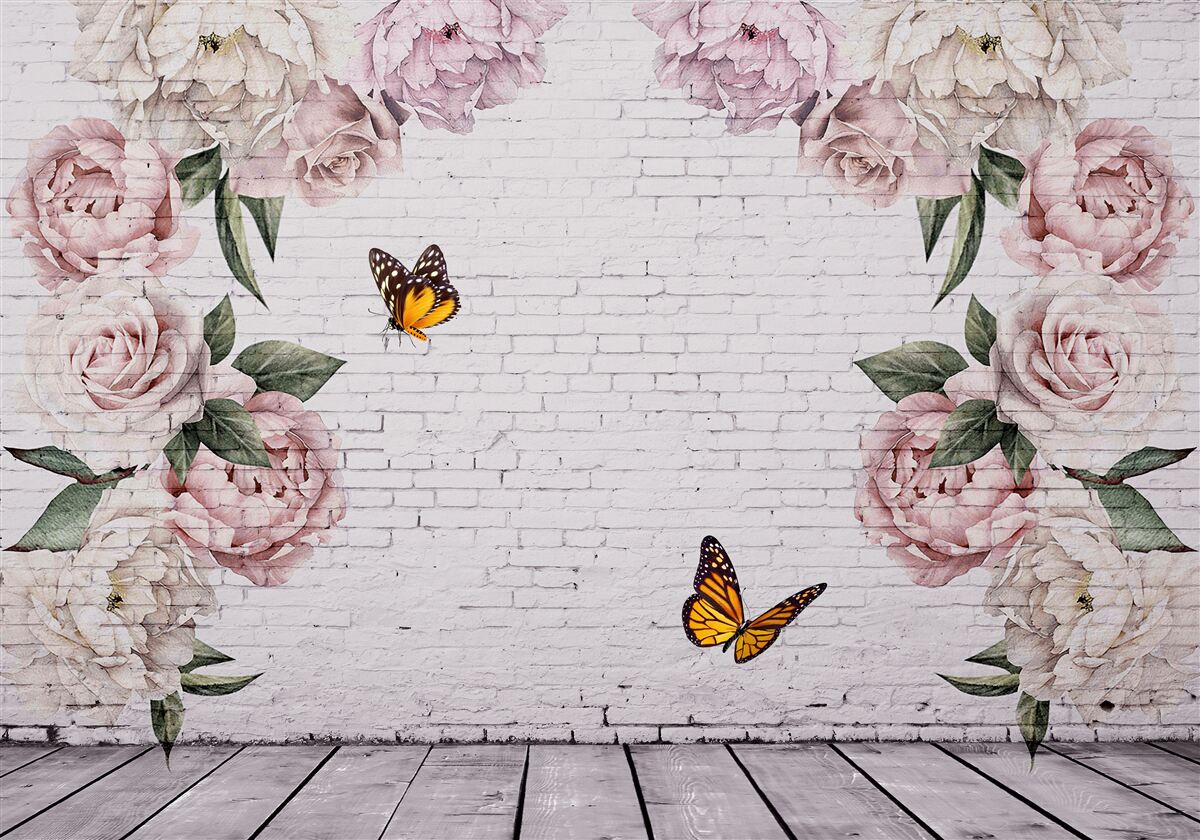 Fototapet bujori în roz și fluturi