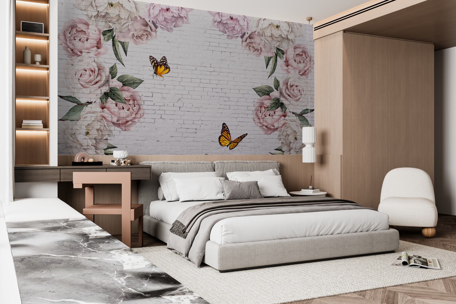 Fototapet bujori în roz și fluturi