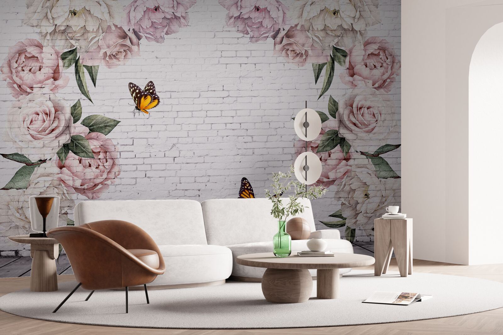 Fototapet bujori în roz și fluturi