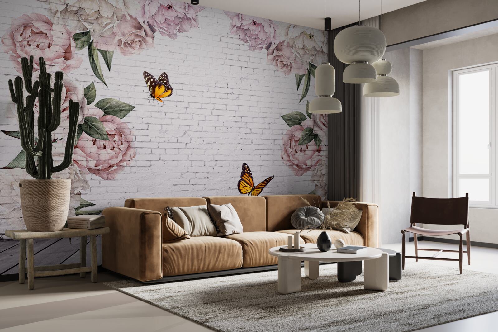 Fototapet bujori în roz și fluturi