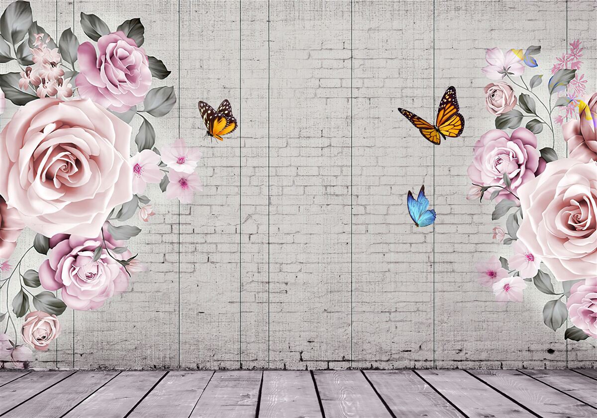 Fototapet fluturi multicolori și trandafiri delicat înflorite