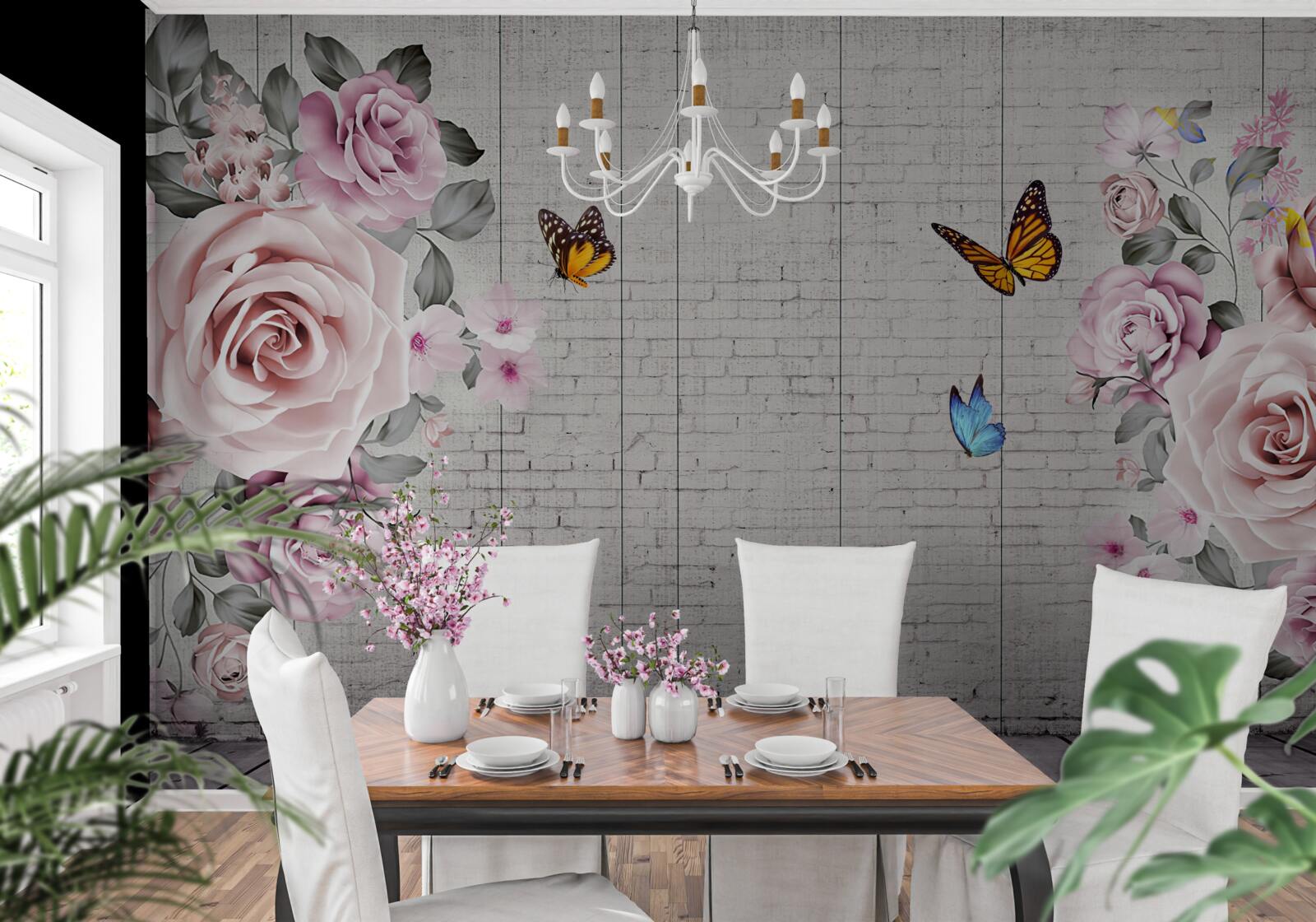 Fototapet fluturi multicolori și trandafiri delicat înflorite