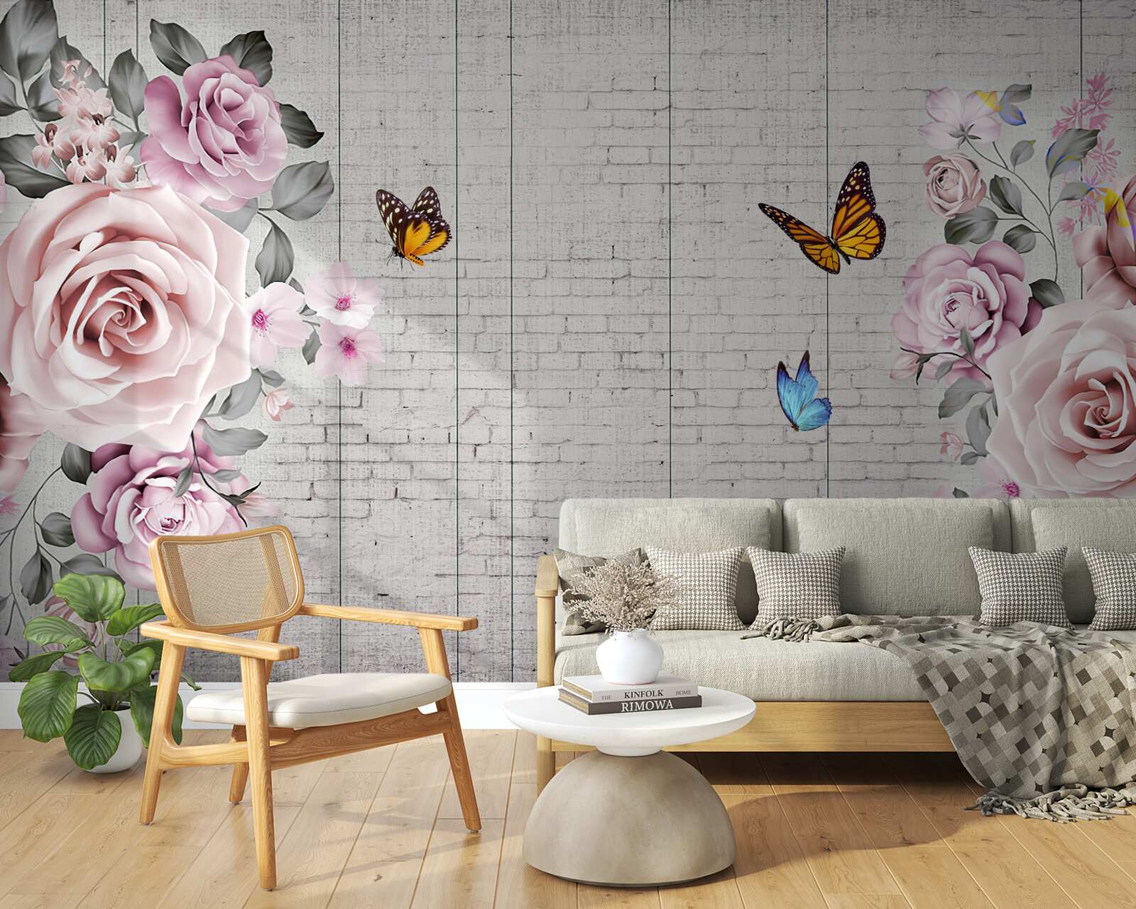 Fototapet fluturi multicolori și trandafiri delicat înflorite