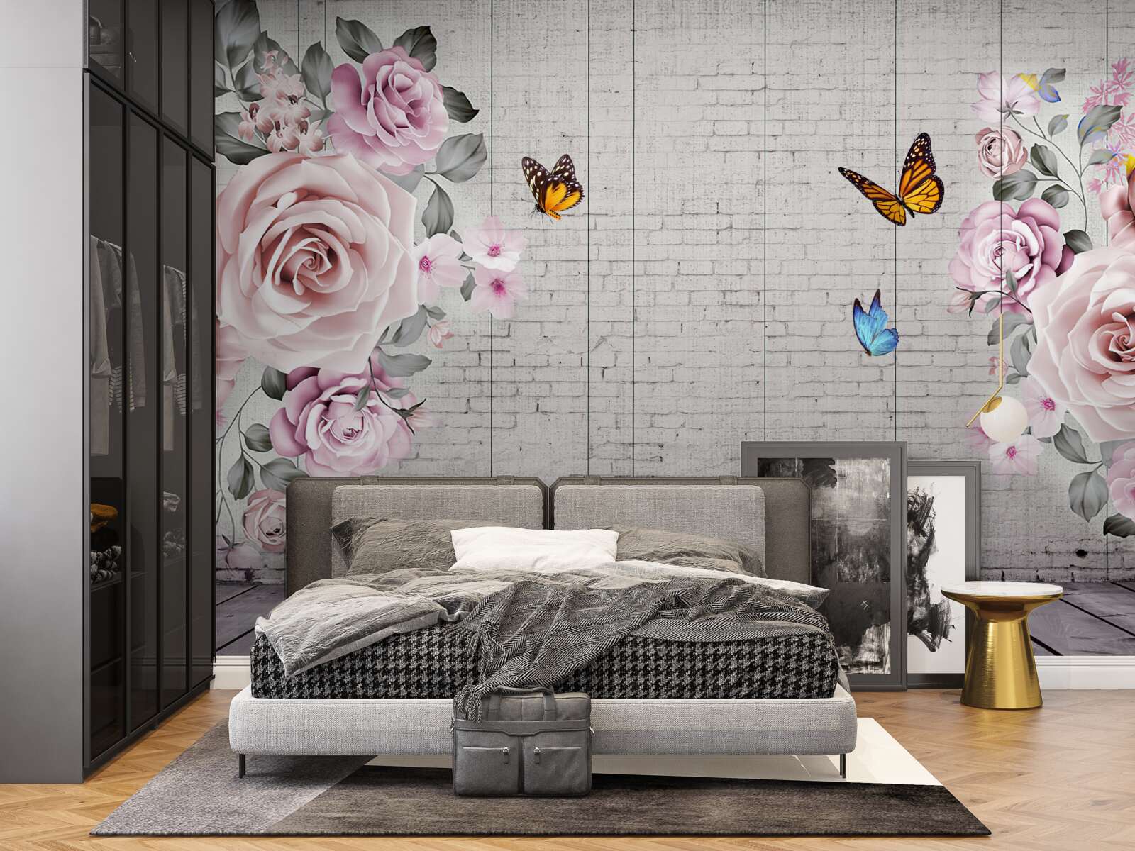 Fototapet fluturi multicolori și trandafiri delicat înflorite
