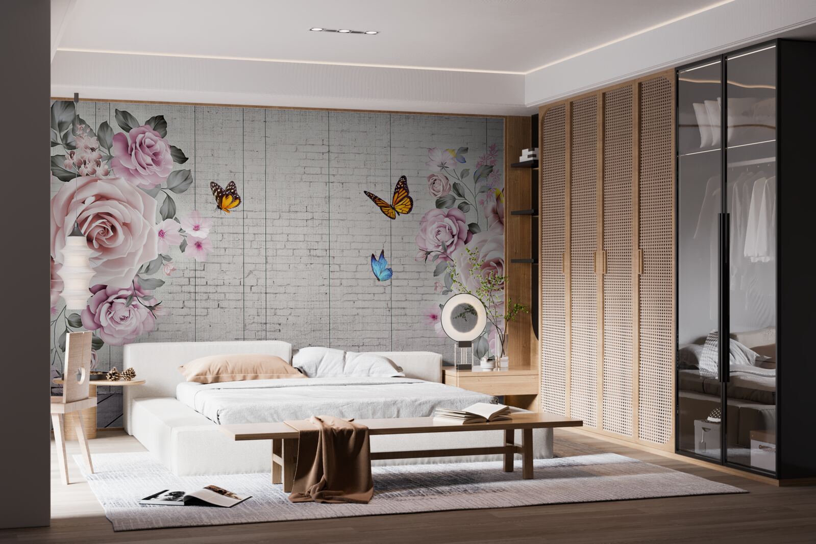 Fototapet fluturi multicolori și trandafiri delicat înflorite