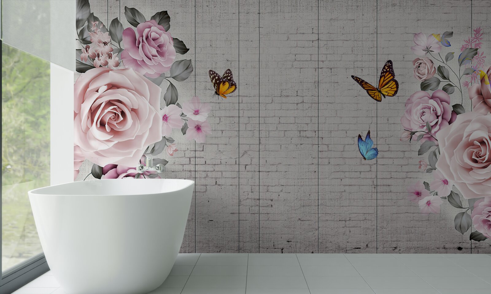 Fototapet fluturi multicolori și trandafiri delicat înflorite