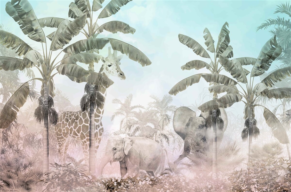 Fototapet palmieri mari cu frunze largi și diverse animale