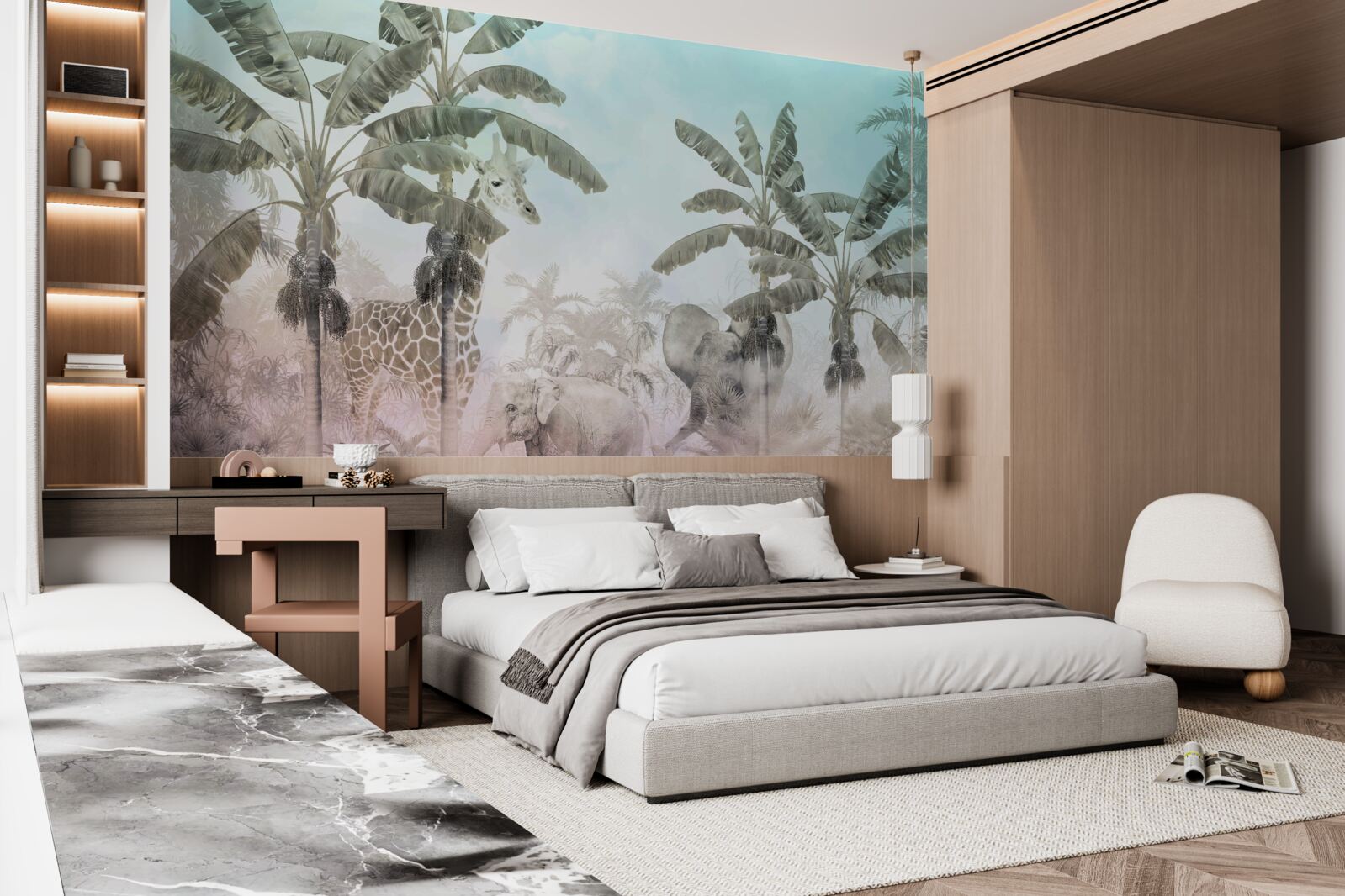 Fototapet palmieri mari cu frunze largi și diverse animale