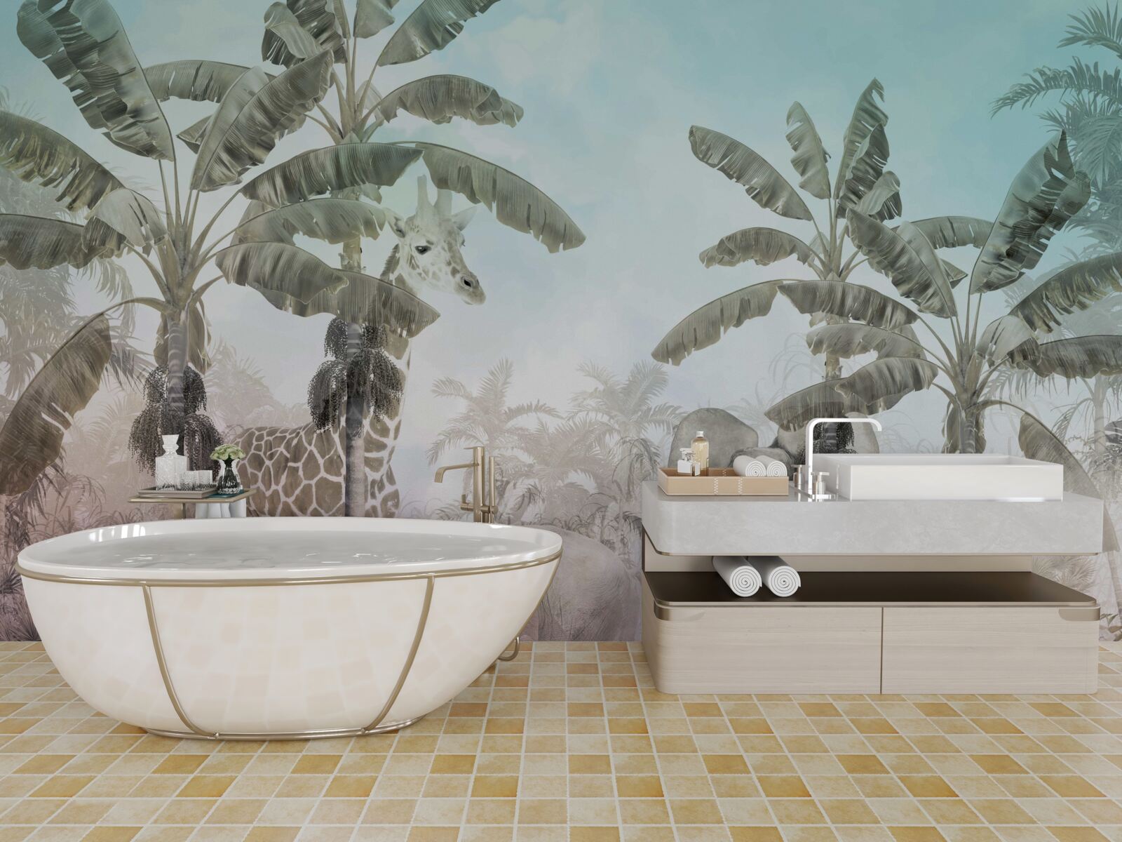 Fototapet palmieri mari cu frunze largi și diverse animale