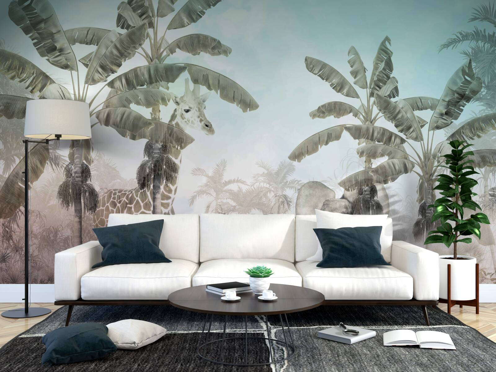 Fototapet palmieri mari cu frunze largi și diverse animale