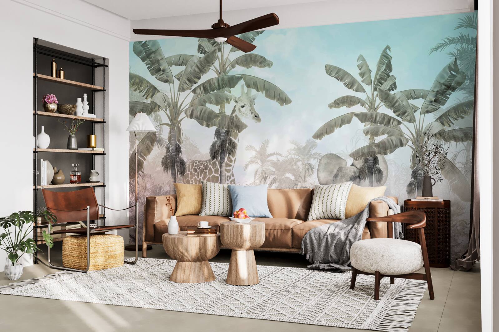 Fototapet palmieri mari cu frunze largi și diverse animale