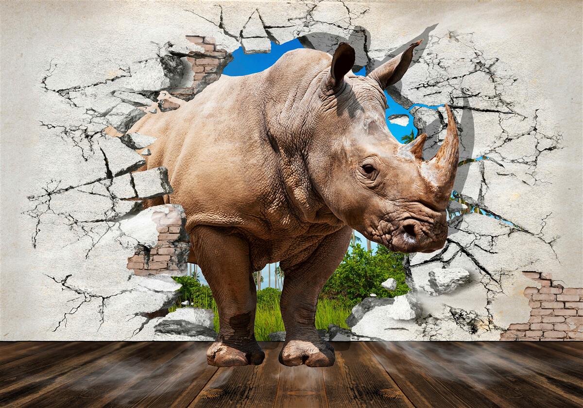 Fototapet Zidul se prăbușește sub forța unui rinocer