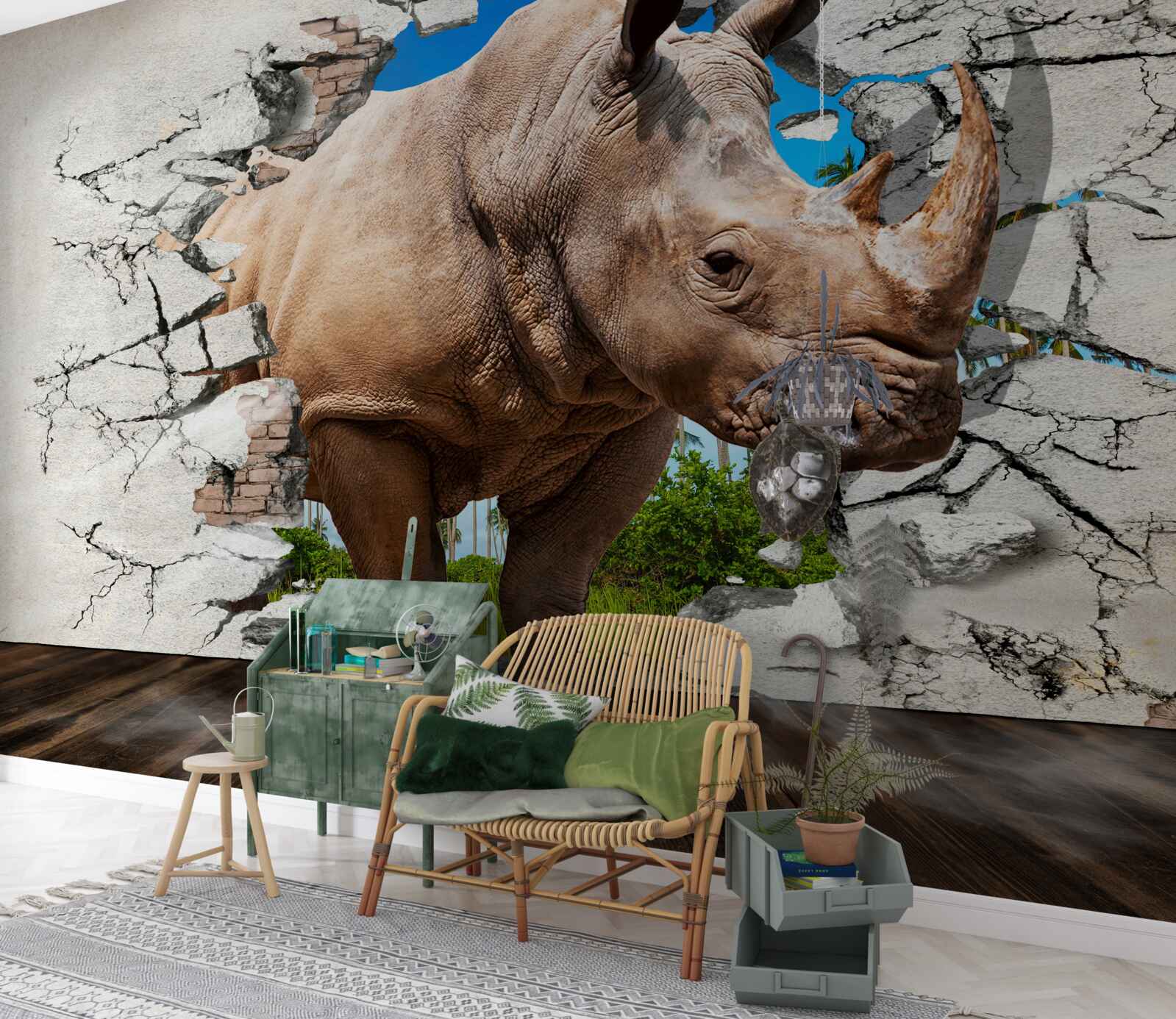 Fototapet Zidul se prăbușește sub forța unui rinocer