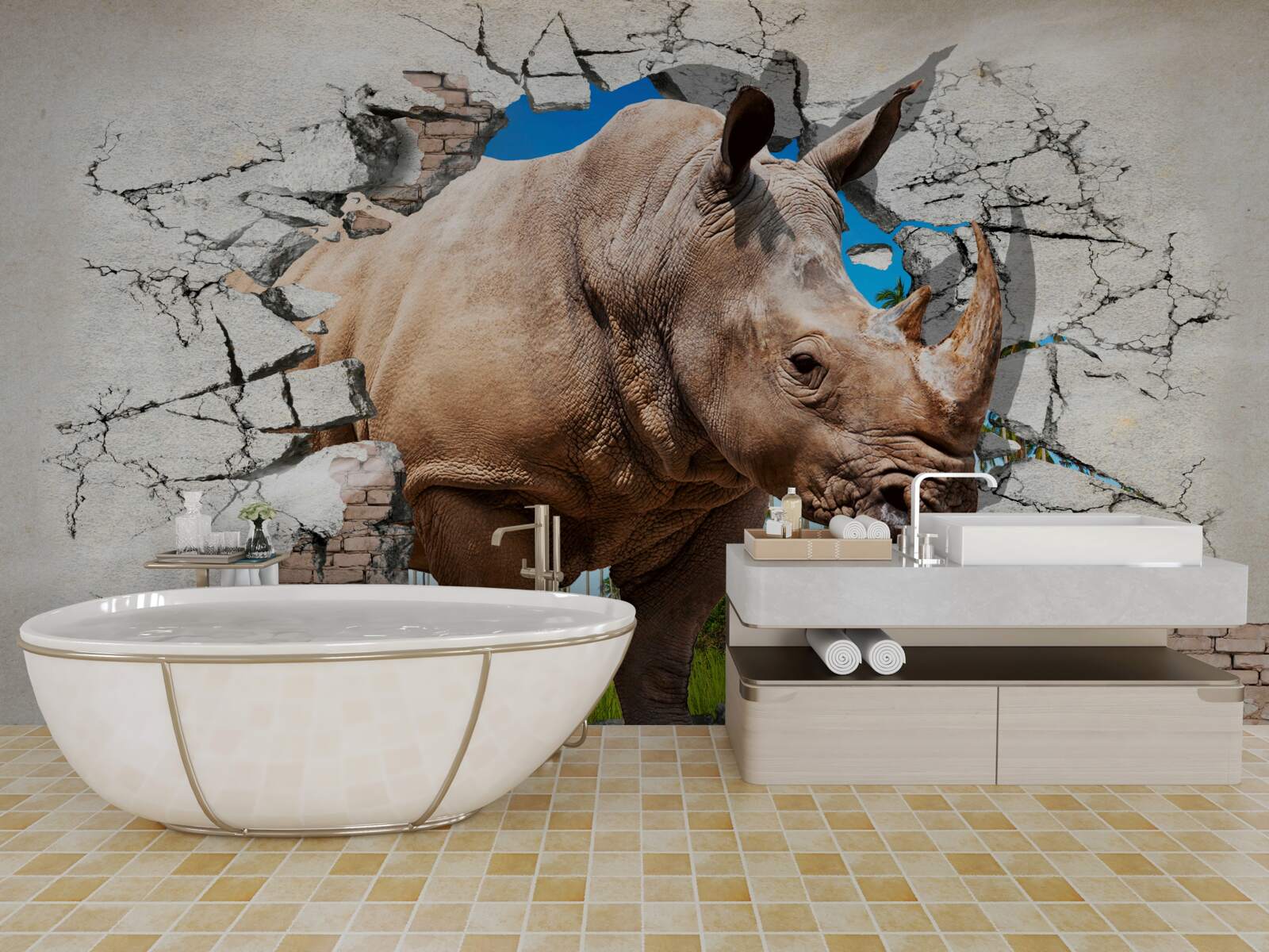 Fototapet Zidul se prăbușește sub forța unui rinocer
