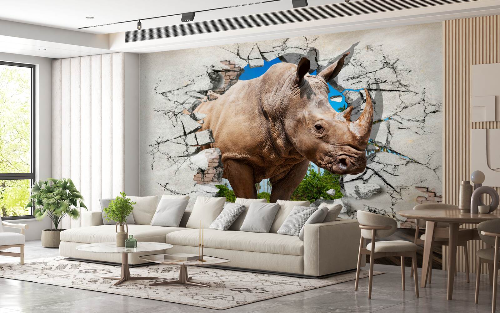 Fototapet Zidul se prăbușește sub forța unui rinocer