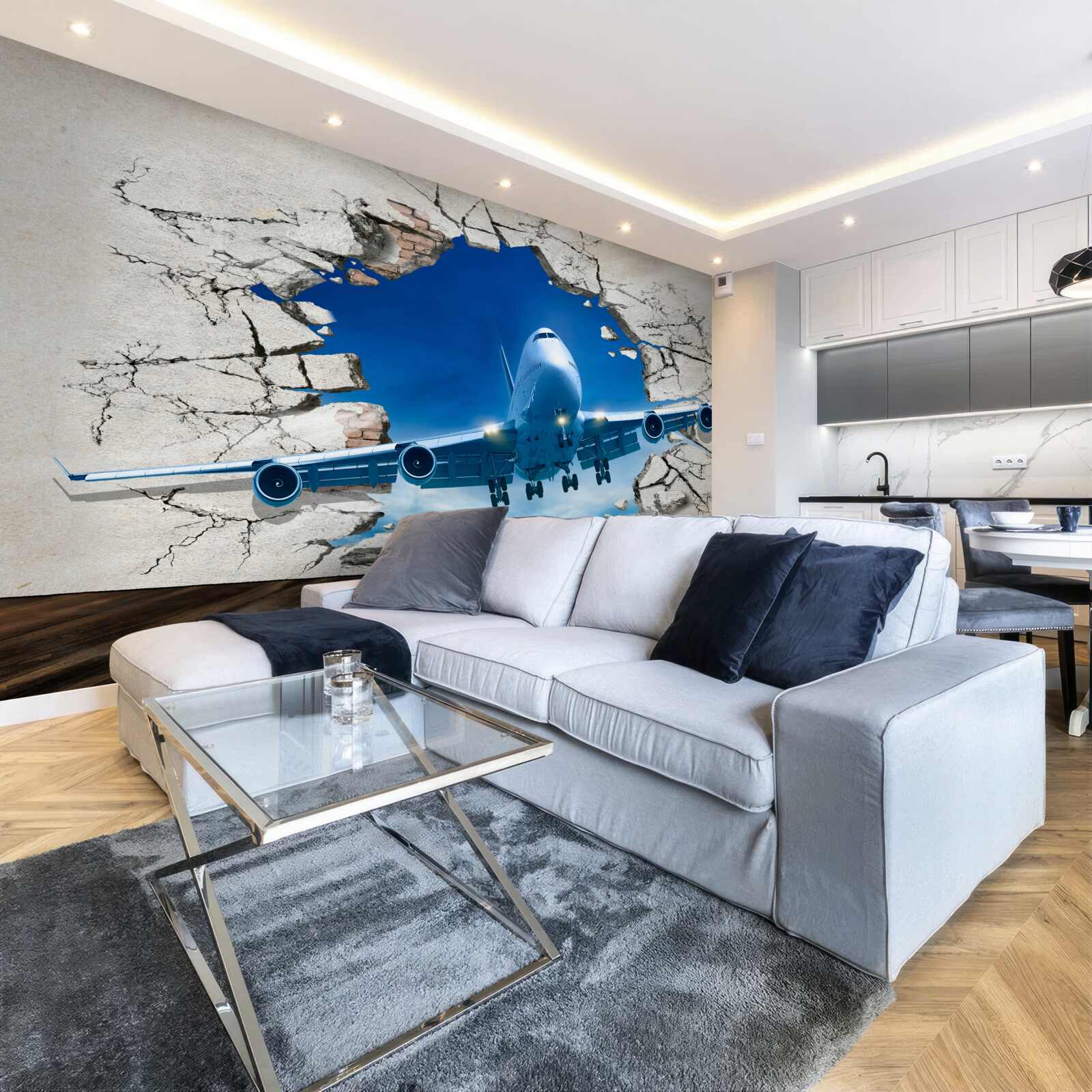 Fototapet avion care străpunge un perete