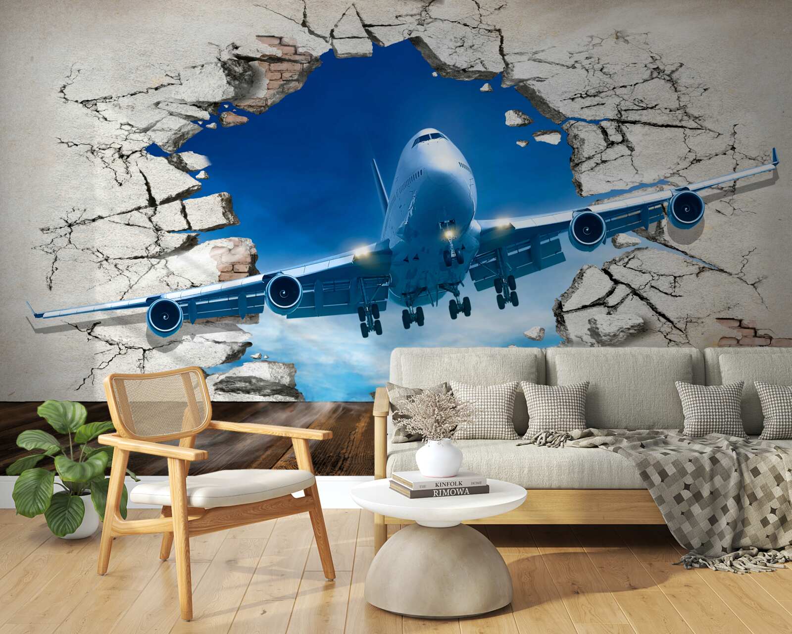 Fototapet avion care străpunge un perete