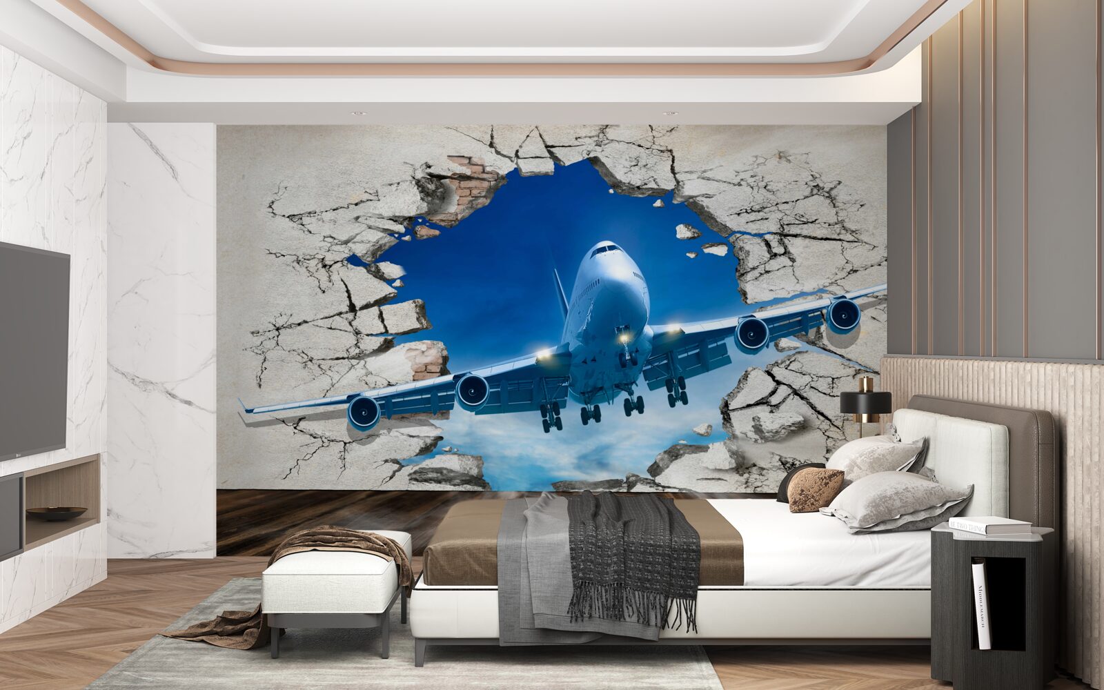 Fototapet avion care străpunge un perete
