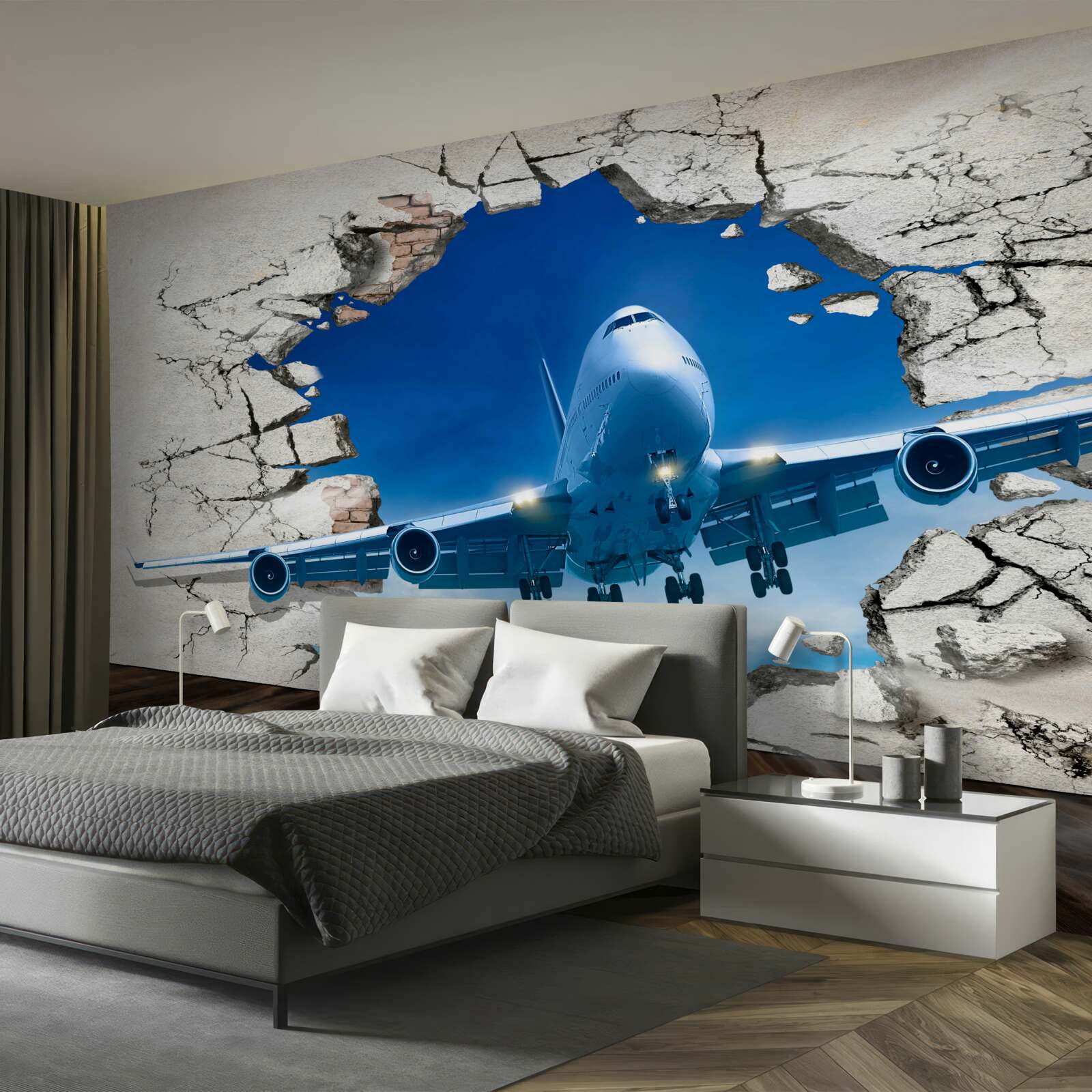 Fototapet avion care străpunge un perete