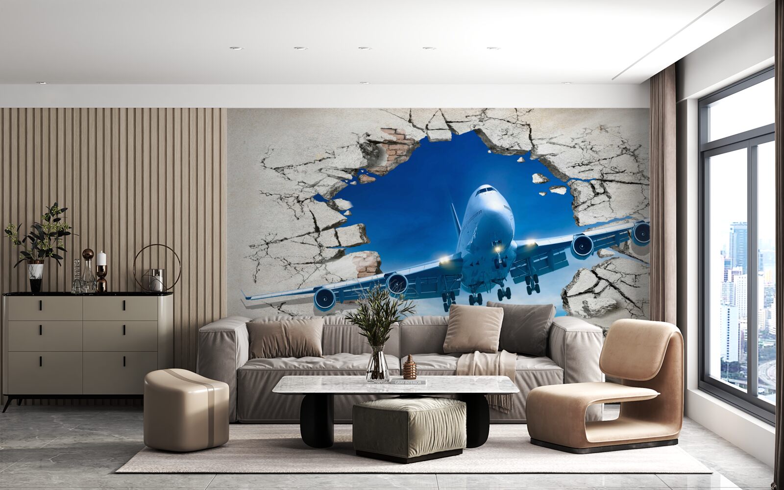 Fototapet avion care străpunge un perete
