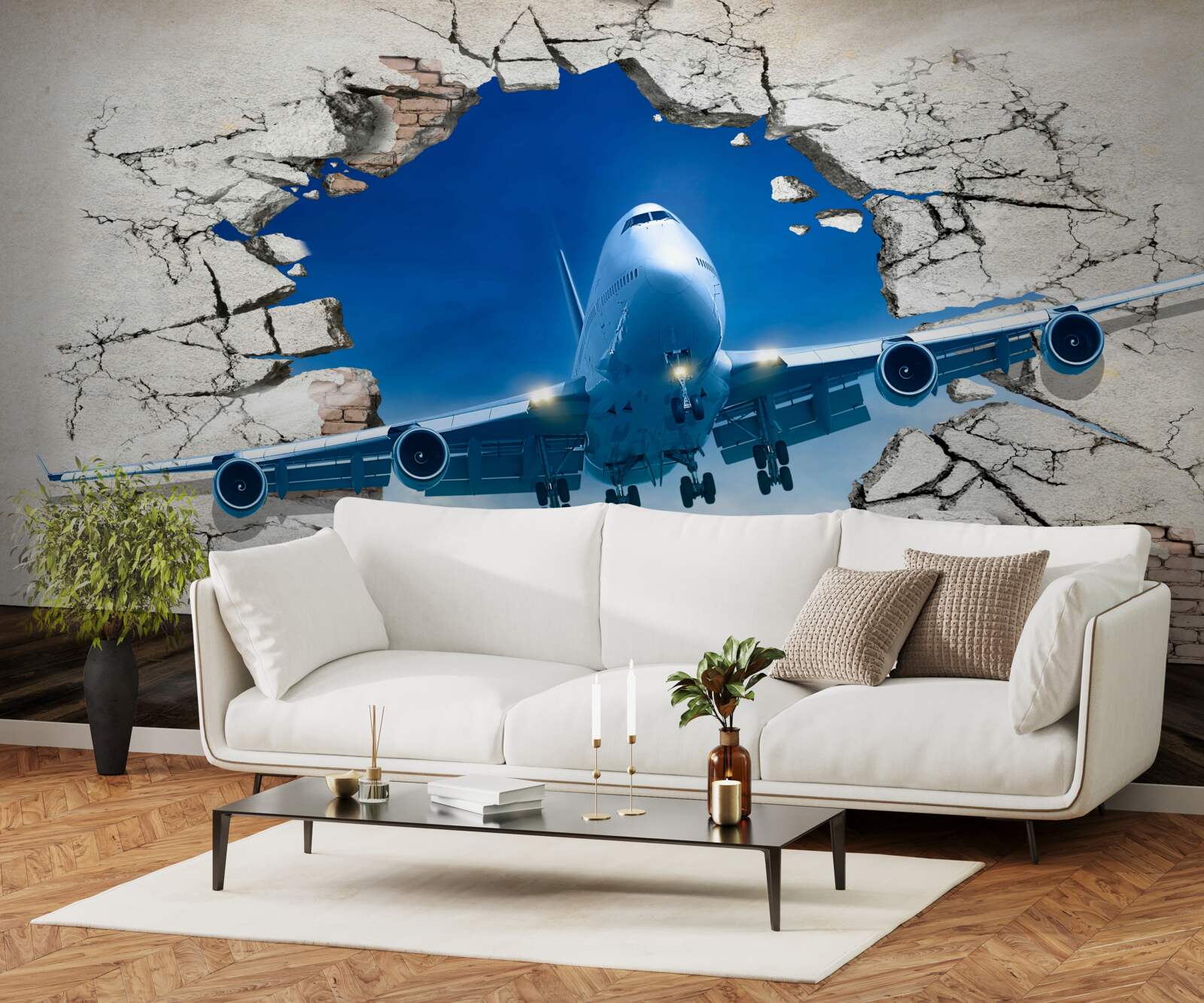 Fototapet avion care străpunge un perete