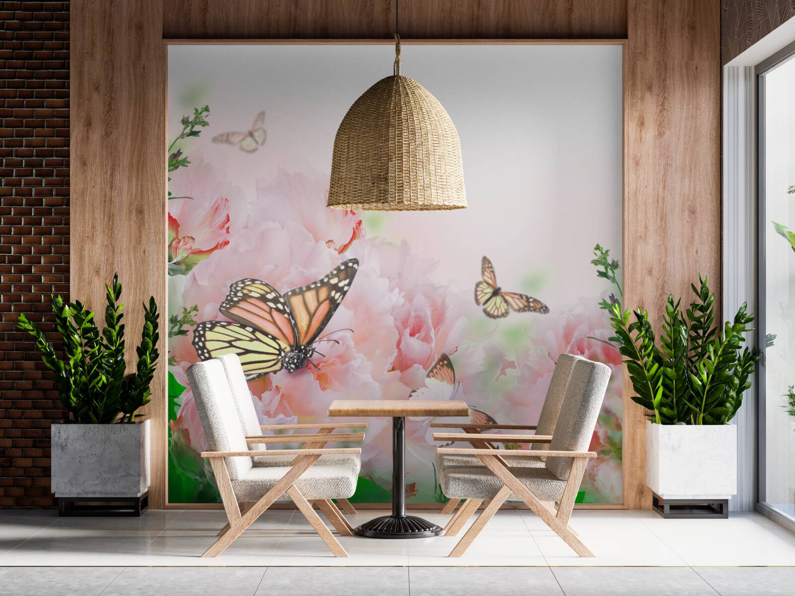 Fototapet grup de fluturi pe un fundal de flori de vară